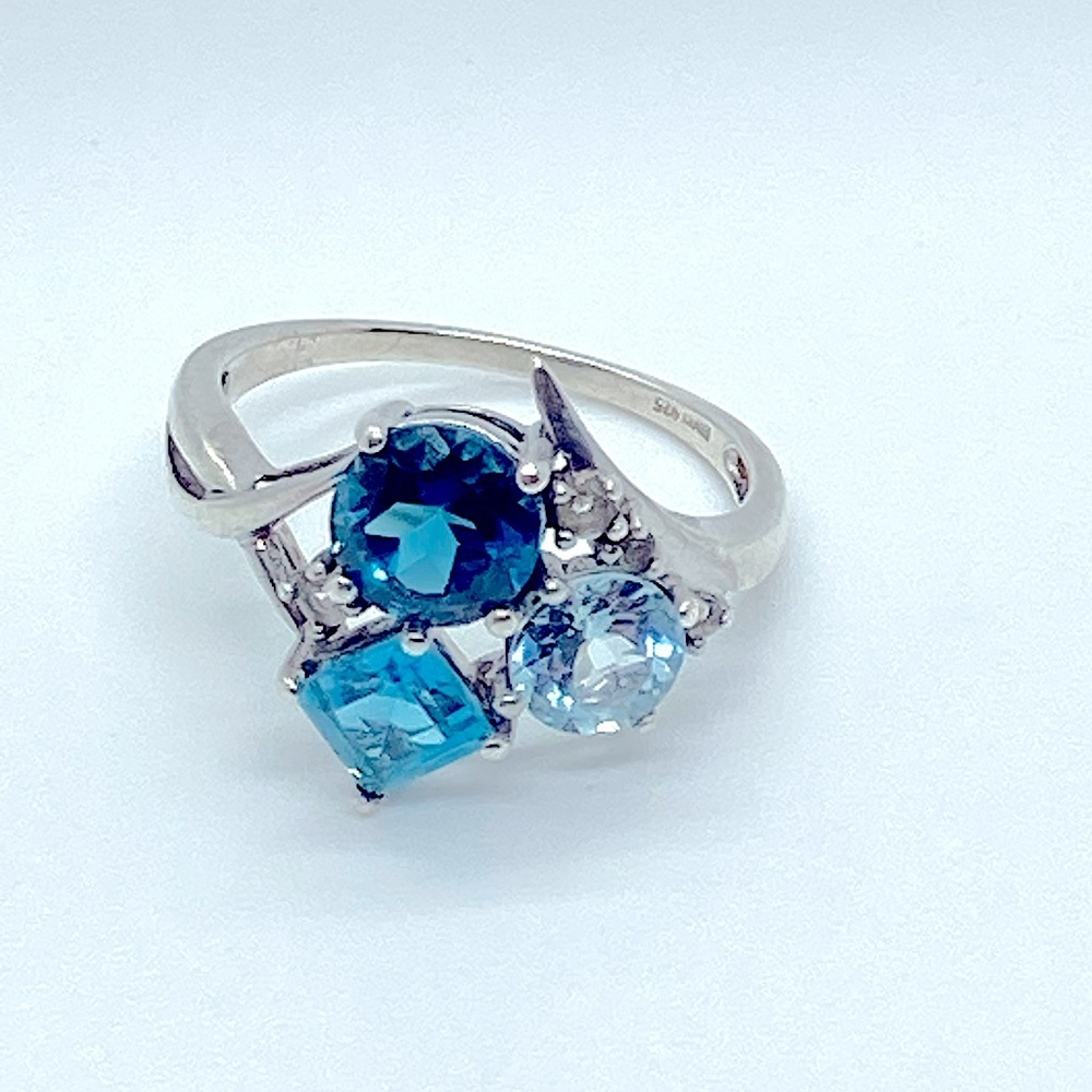 Vtg Sterling Topaz & Diamond Gemstone Cluster 925 Silver Ring | Sz 8.25 - Picture 3 of 16